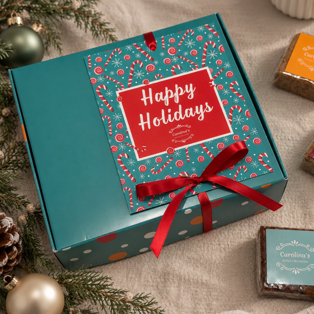 holiday gift box with teal holiday tg with candy canes and red ribbon