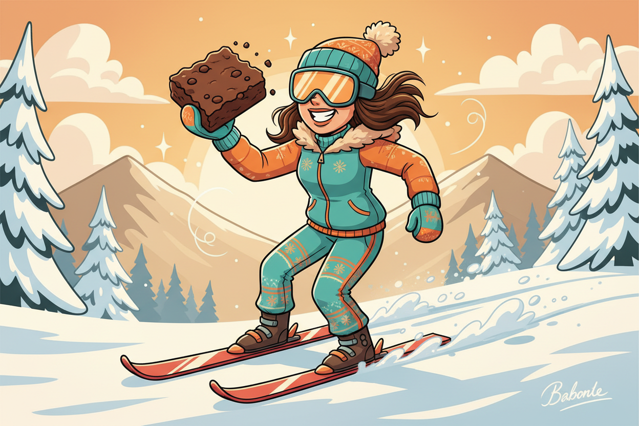 Cartoon woman skiing holding a brownie in her hand 